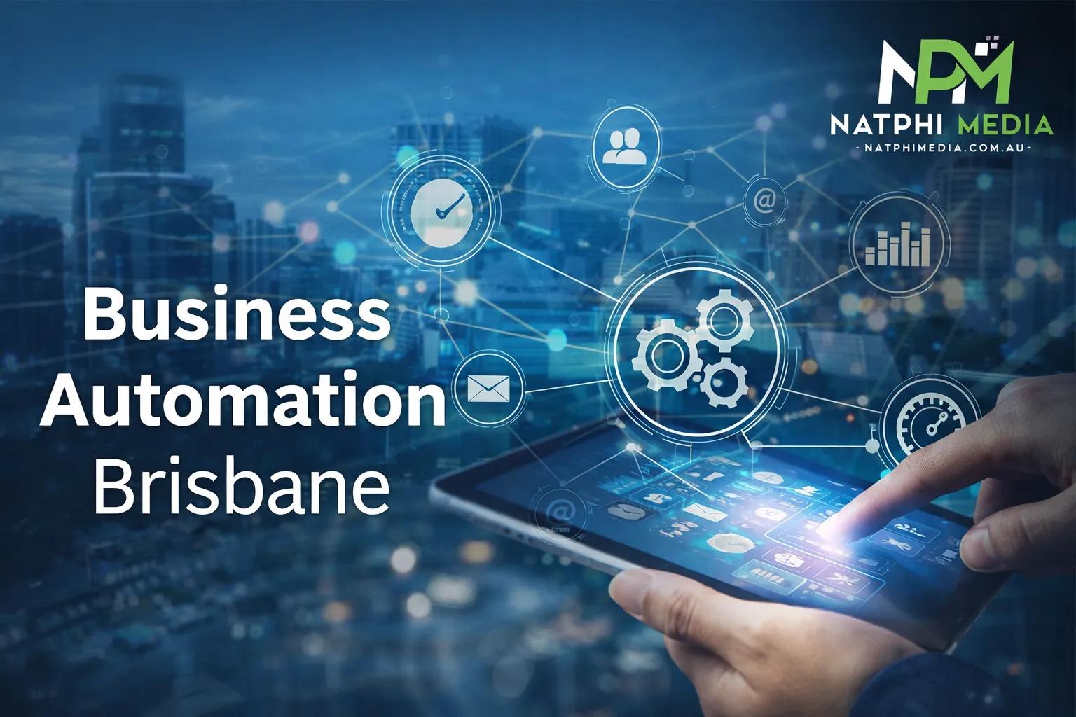 7 Ways to Streamline Your BusinBusiness Automation Brisbane digital banner with Natphi Media logo and automation technology conceptess Operations in Brisbane